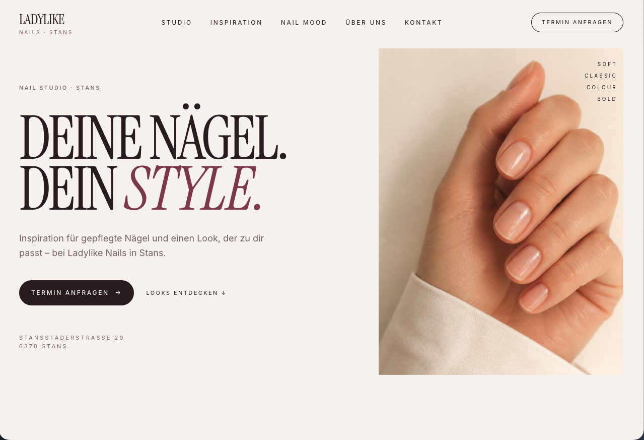 Ladylike Nails homepage with large serif typography, burgundy accents, a close-up of manicured nails and an appointment enquiry