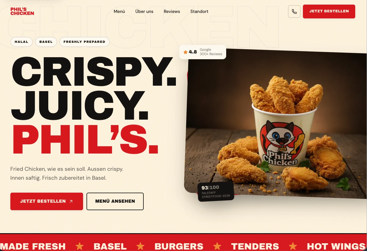 Phil’s Chicken homepage with bold red and black typography, a fried chicken photograph and menu and ordering links