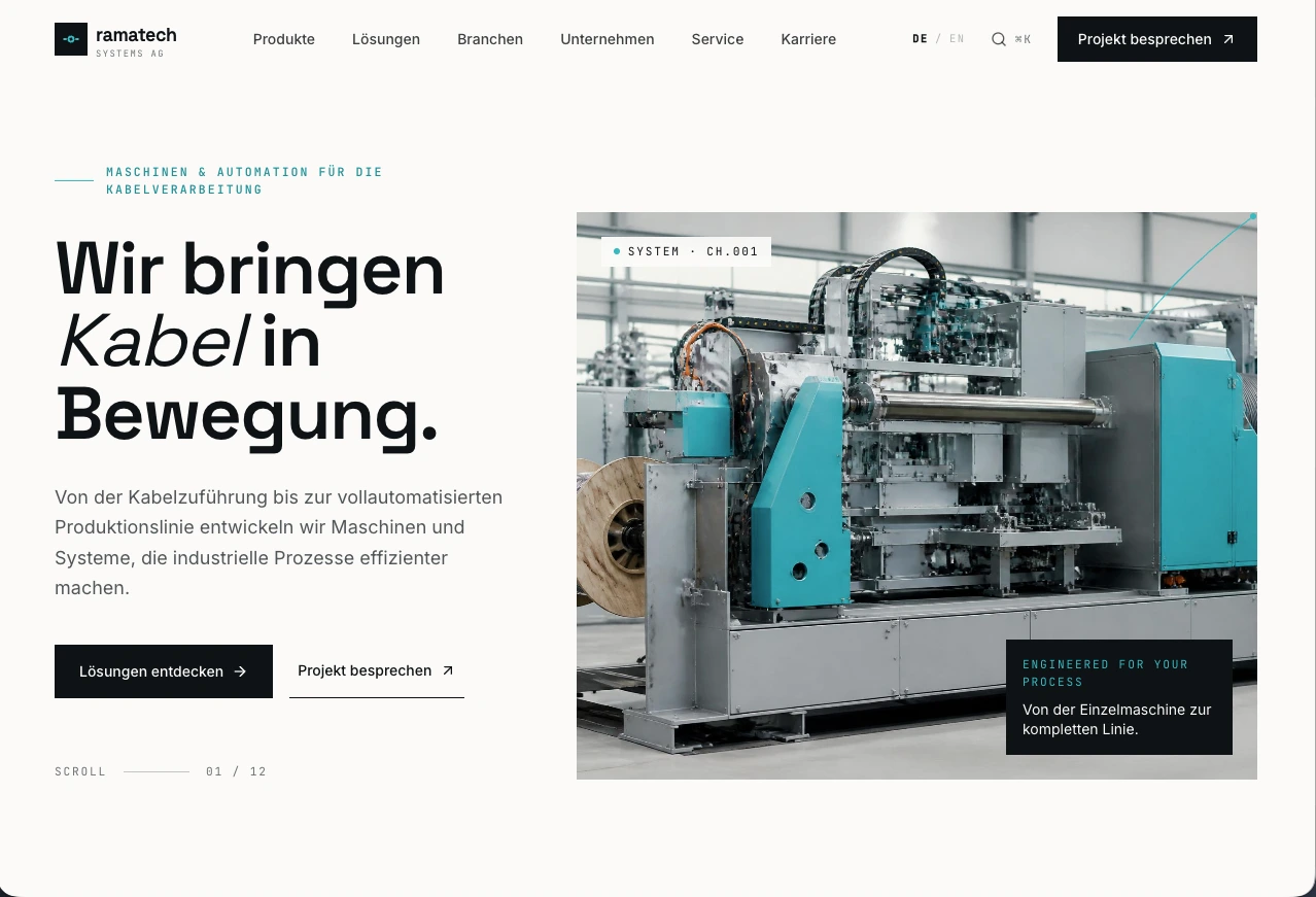 Ramatech homepage with a headline about putting cables in motion, a large machinery photograph and turquoise accents